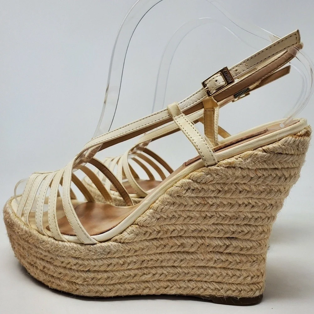Schutz Gianne Size 8 Leather Espadrille Platform Wedge Cage Sandal Cream